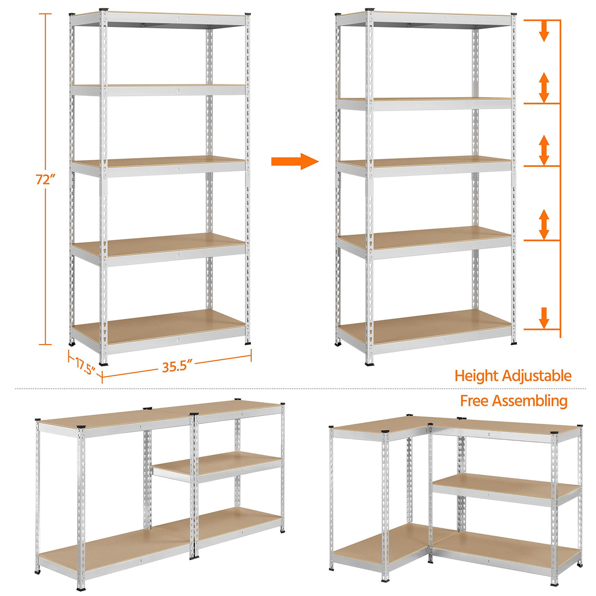 Topeakmart 4PCS 5-Tier Utility Shelves, Metal Storage Shelves Garage Shelving Unit Adjustable Garage Storage Shelves Storage Racks Heavy Duty Shed Shelving- Silver, 35.5 x 17.5 x 72 Inch Topeakmart