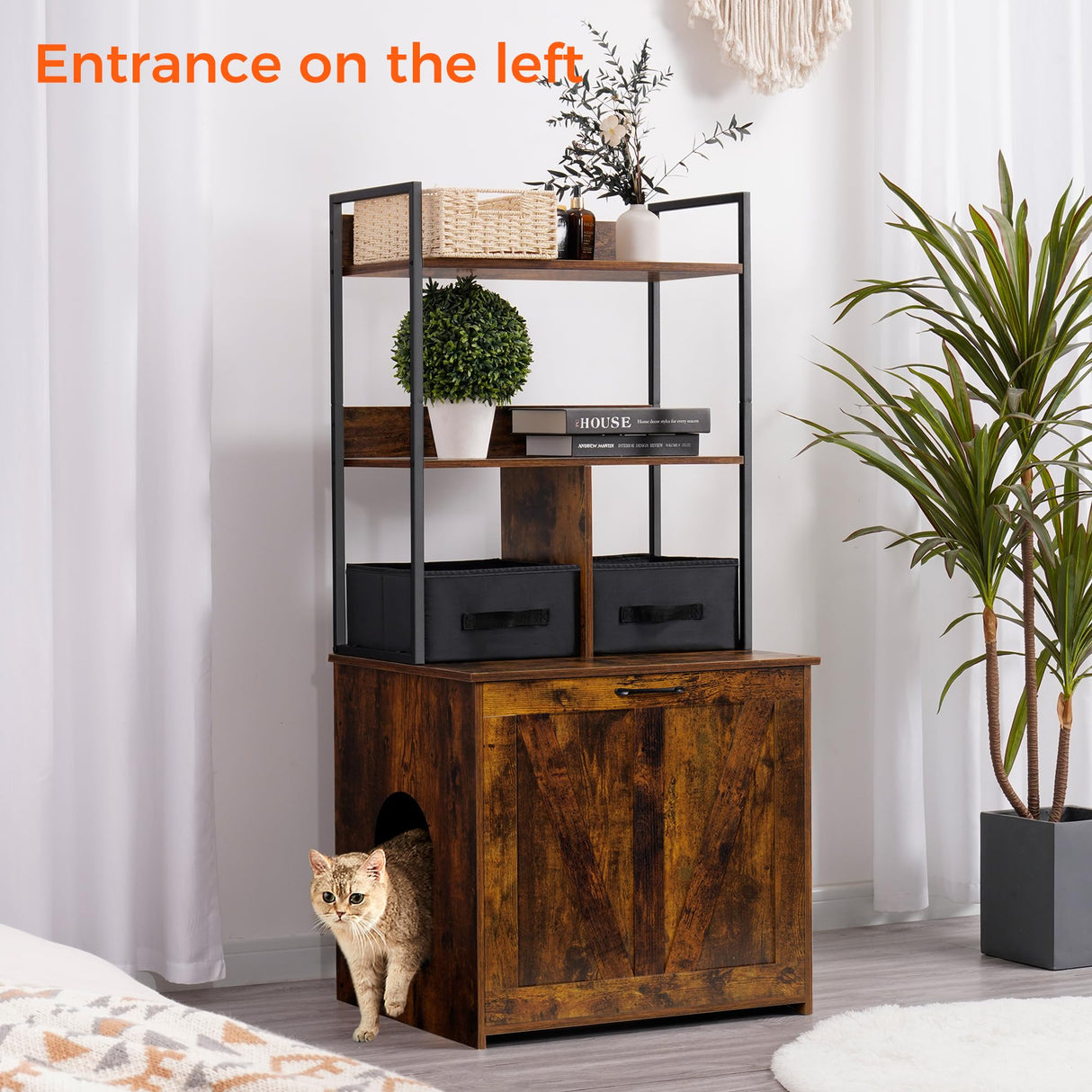 Dwanton Litter Box Enclosure with 2 Storage Shelves and 2 Drawers, 2-in-1 Hidden Cat Litter Box Enclosure Furniture with Shelf, Reversible Entrance, Washable Drawers, 50-Inch, Rustic Brown Dwanton