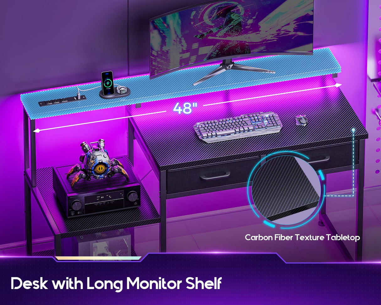 ODK Gaming Desk with Led Lights & Power Outlet, 48 Inch Computer Desk with Drawers, Office Desk with Large Display Storage Shelves, Reversible Desk with Monitor Stand for Home, Carbon Fiber Black ODK