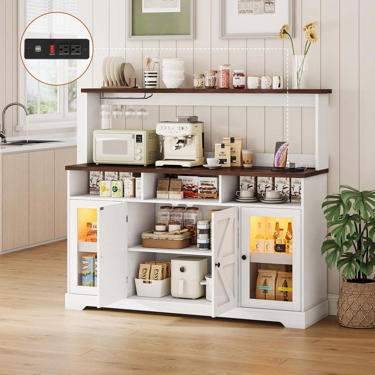 Hasuit Farmhouse Sideboard Buffet Cabinet with Goblet Holder & Power Outlet, Coffee Bar Storage with RGB LED Light and Adjustable Shelf for Kitchen Living Room (White) Hasuit