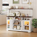 Hasuit Farmhouse Sideboard Buffet Cabinet with Goblet Holder & Power Outlet, Coffee Bar Storage with RGB LED Light and Adjustable Shelf for Kitchen Living Room (White) Hasuit