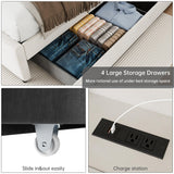 IDEALHOUSE Full Size Bed Frame with Storage Headboard, Velvet Upholstered Platform Bed Frame with 4 Storage Drawers, Built in Charging Station, Wooden Slats Support/No Box Spring Needed, White IDEALHOUSE