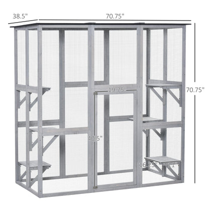 PawHut Outdoor Cat House Big Catio Wooden Feral Cat Shelter Enclosure with Large Spacious Interior, 6 High Ledges, Weather Protection Asphalt Roof, 71" L, Grey - WoodArtSupply