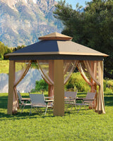 Pop Up Gazebo 13x13Ft, Outside Canopy Tent with 6 Pcs Mosquito Netting, One Push Setup for Backyard Patio Garden Activities - Khaki & Beige Garveelife