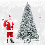 Goplus 9FT Artificial Christmas Tree, Snow Flocked Hinged Pine Tree, Premium PVC Needles/Solid Metal Stand, Xmas Full Tree for Indoor and Outdoor Goplus