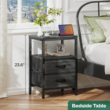 Huuger Nightstand with Charging Station, Side Table with Fabric Drawers, End Table with Open Shelf, Bedside Table with USB Ports and Outlets, Night Stand for Bedroom, Charcoal Black Wood Grain Print Huuger