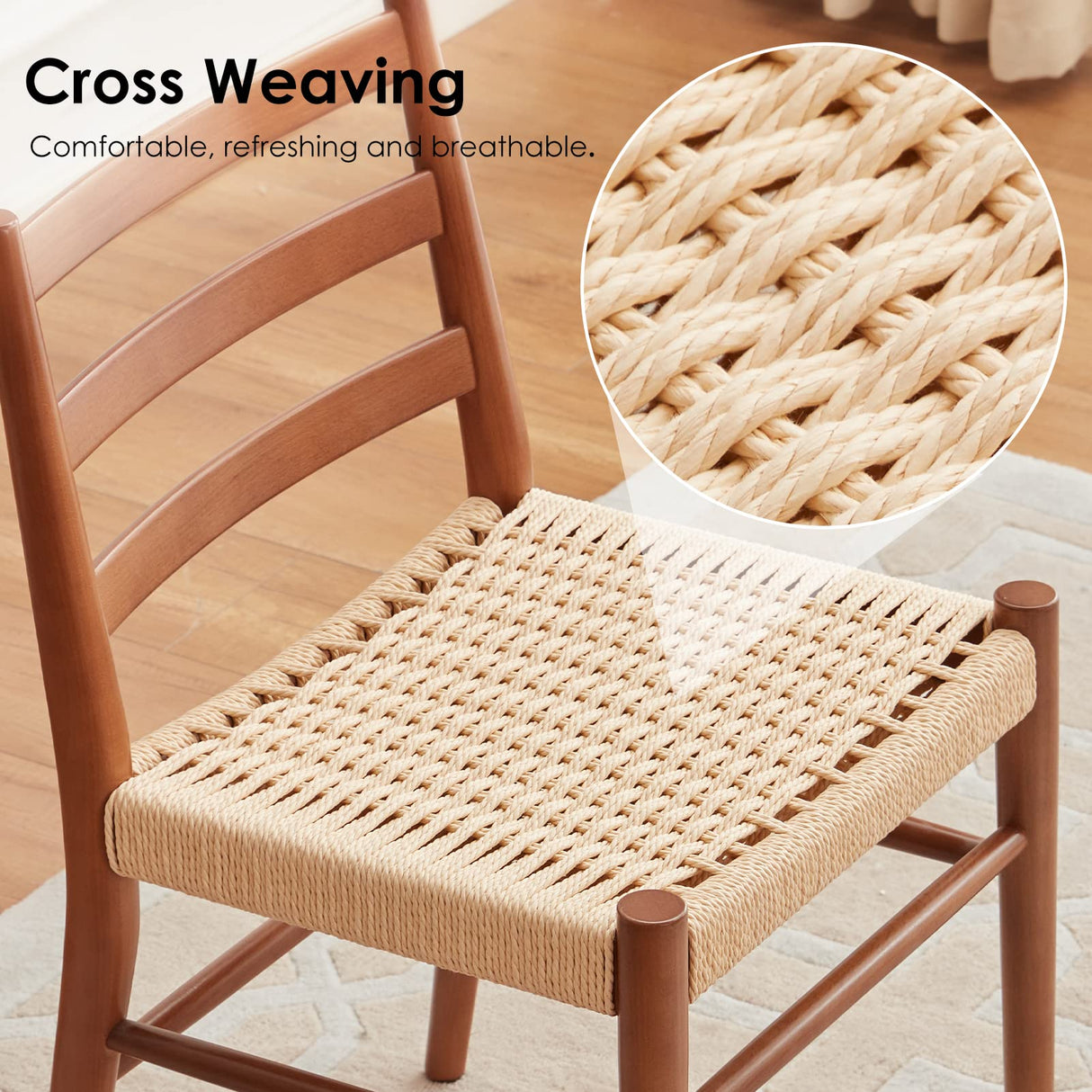 STARY Wood Rattan Dining Room Chairs Comfortable Woven Seat, Fully Assembled, Walnut - Set of 2 STARY