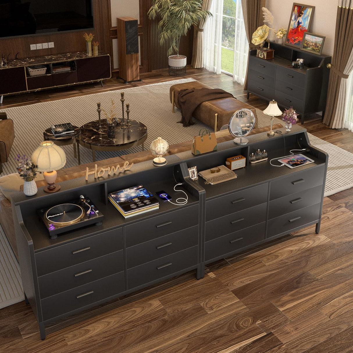 Hyomdeck 6 Drawer Dresser for Bedroom, Wooden Chest of Drawers with Power Outlets and Smart LED Light, Sturdy Modern Bedroom Furniture, Wide Storage Dresser for Living Room, Closet, Entryway, Black Hyomdeck