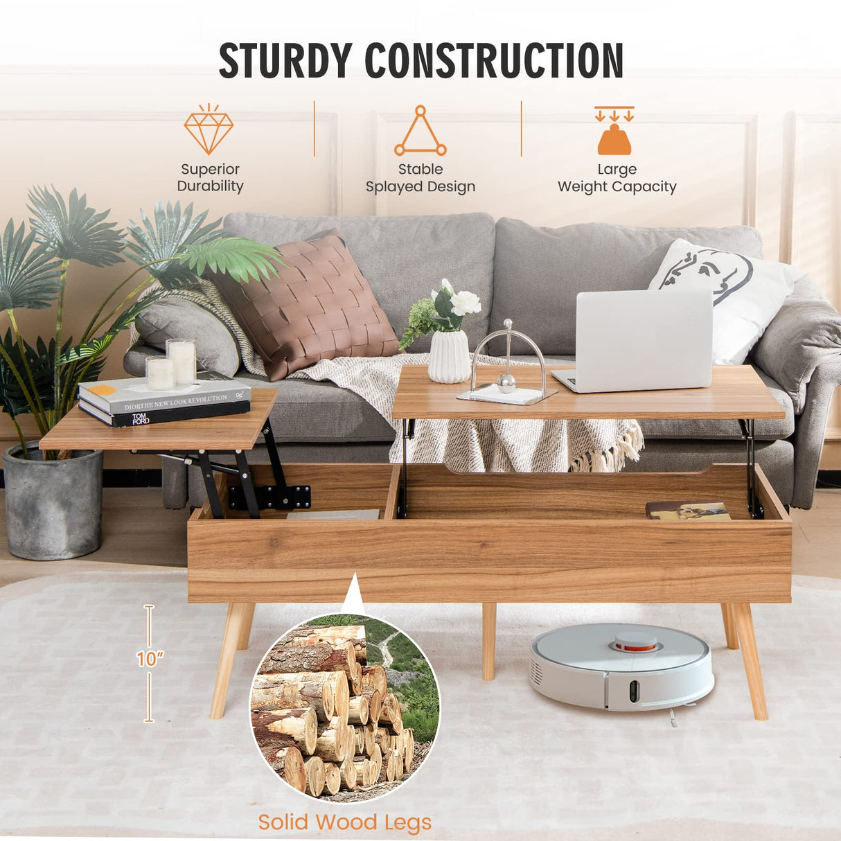 Tangkula 47 Inch Lift Top Coffee Table with Storage, Large Split Top Accent Table with Pneumatic Rods, 2 Hidden Compartments & 5 Solid Wood Legs, Center Table for Living Room (Brown) Tangkula