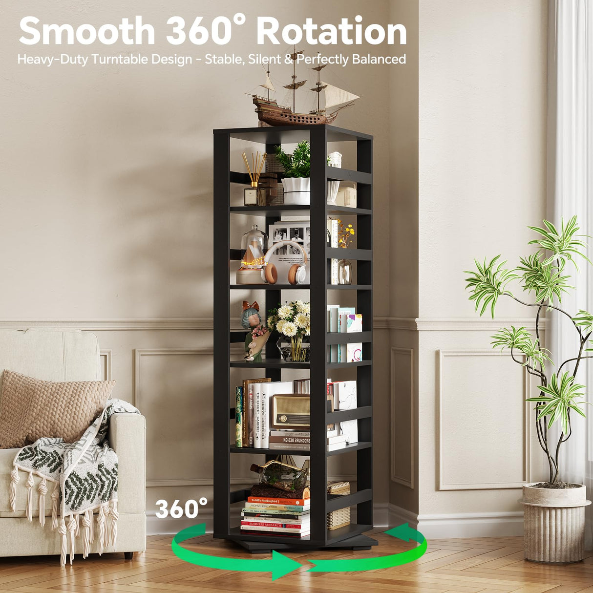 Homykic Rotating Bookshelf, Bamboo 360 Display Spinning Bookshelf Tower, 5-Tier Small Corner Bookcase for Small Spaces, Narrow Revolving Book Shelf Organizer Rack for Home Office, Black Homykic