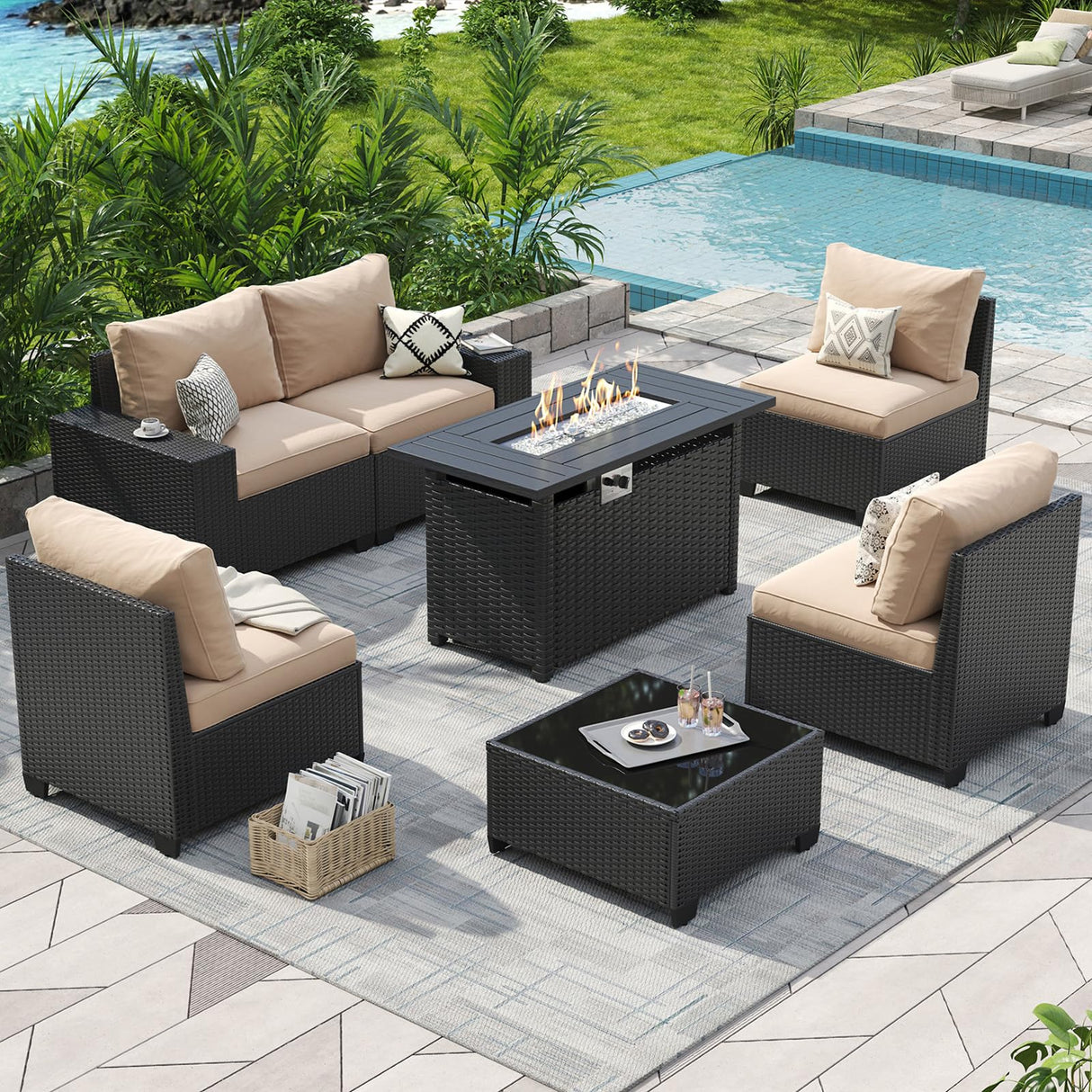 Aoxun Patio Furniture Set with 44'' Fire Pit Table, 7 Pcs Outdoor Patio Furniture Sets with 4in Thicken Cushion, Widen Armrests Wicker Outdoor Sectional for Backyard Aoxun