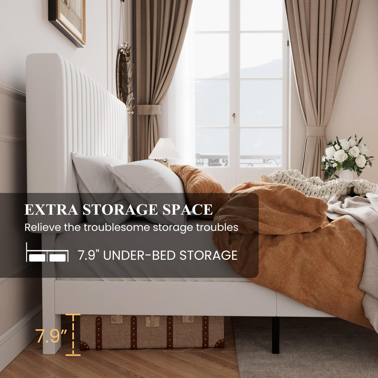 SHA CERLIN Full Upholstered Platform Bed Frame with Vertical Channel Tufted Velvet Fabric Adjustable Headboard, Wooden Slats Support, Mattress Foundation, Box Spring Optional, Off-White SHA CERLIN