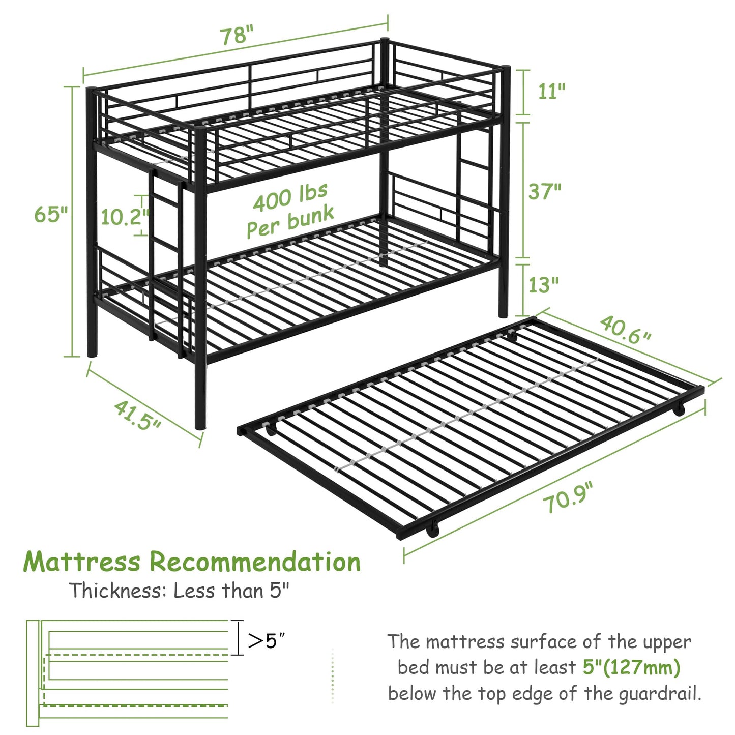 VECELO Twin Over Twin Bunk Bed with Trundle, Convertible Metal Bunkbeds with 2 Ladders and Guardrails, Space Saving, No Box Spring, Black