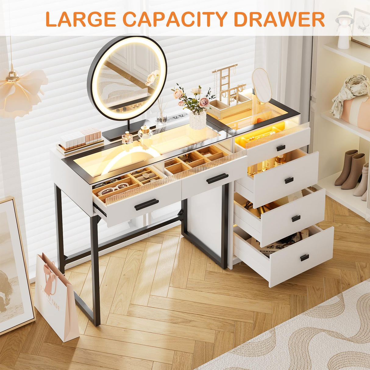 BROTTAR Vanity Desk with Mirror and Lights, 49" Modern Makeup Vanity with Charging Station, 6 Drawers & Divided Organizers, Glass Top Dressing Table for Women Girls Bedroom, White (Chair not Include) BROTTAR