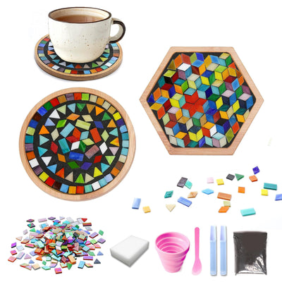 DIY Mosaic Tiles Crafts Kits for Adults, Mixed Stained Glass Mosaic Kit with 2 Sets Wooden Coaster Making Materials Package,Mosaic Adult Crafts for Women Kids Beginners Handmade Home Decor Gifts