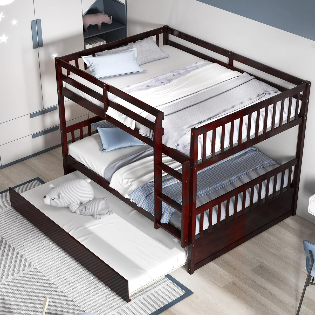 MAT EXPERT Bunk Bed with Trundle, Pine Wood Full Over Full Bunk Beds Frame with Full-Length Guardrails & Ladder, Detachable Bunk Beds Twin Over Full Size for Adults, Teens, Kids (Espresso) MAT EXPERT