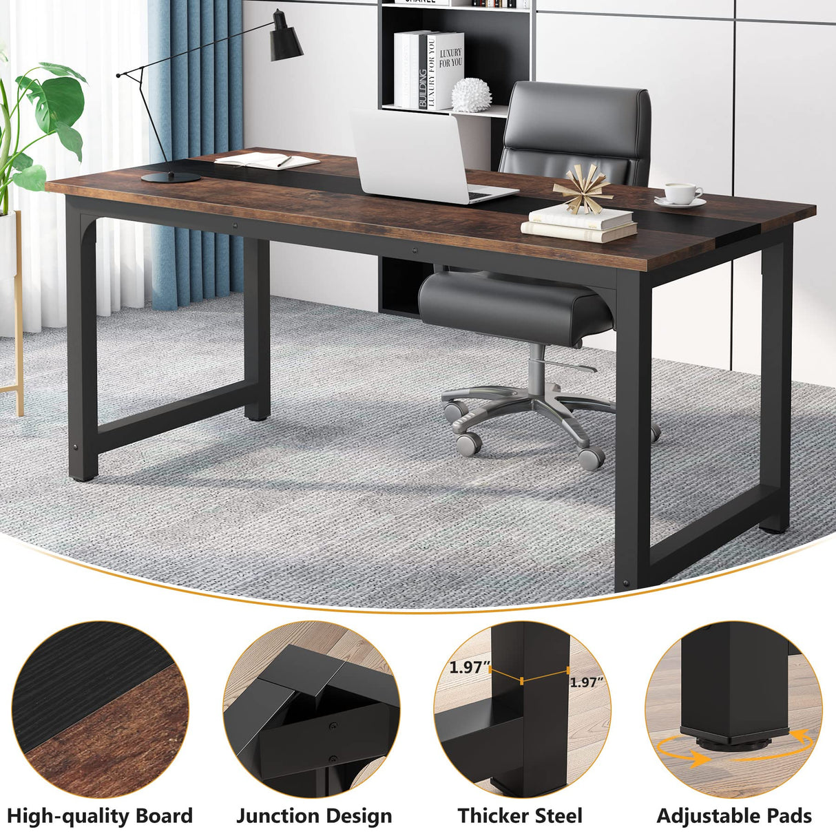 Tribesigns 70.8”Executive Desk, Large Office Computer Desk with Thicken Frame, Modern Simple Workstation Business Furniture for Home Office, Rustic Brown/Black Tribesigns
