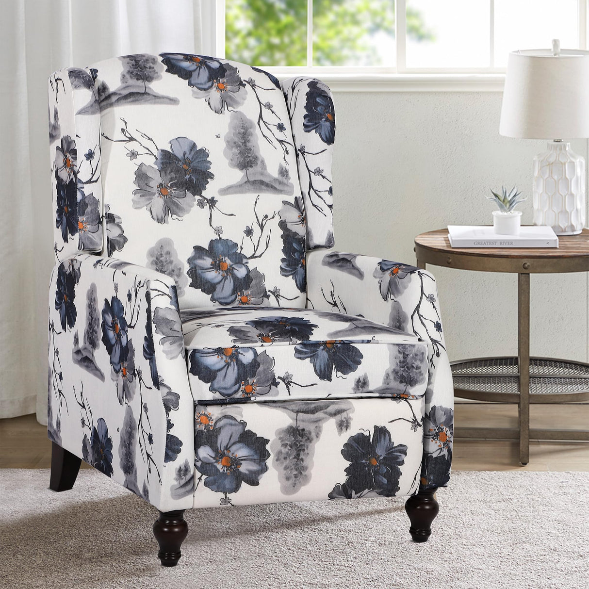 GUEAPY Mid-Century Modern Wingback Recliner Chair, Upholstered Push-Back Manual Recliner for Adults, Floral Accent Chair with Solid Wood Legs for Living Room & Bedroom, Blue GUEAPY