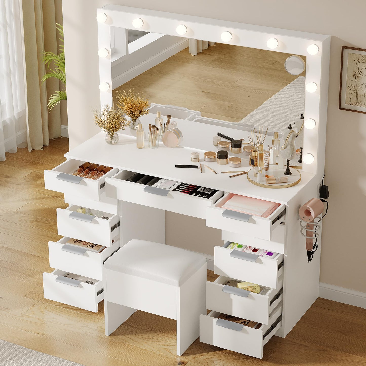 YITAHOME Vanity Desk Set with Mirror, 3-Mode Lights, Charging Station, 11 Drawers and Bench