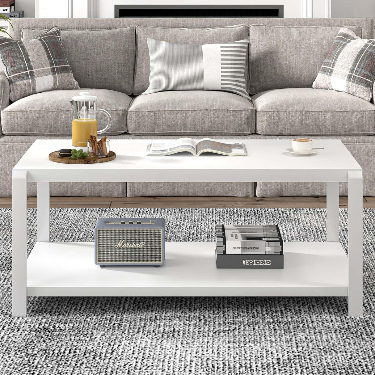 EXCEFUR White Coffee Table with Storage, Modern Center Table for Living Room, Rustic Wood and Metal Cocktail Tables, White Oak EXCEFUR