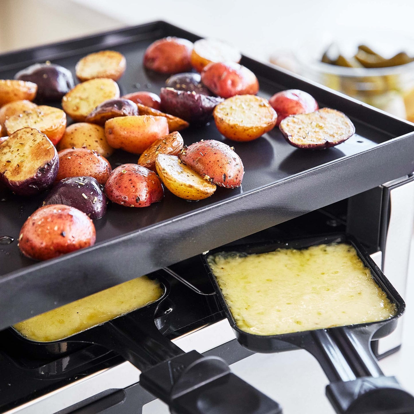 GreenPan Electrics Healthy Ceramic Nonstick, 3-in-1 Reversible Grill, Griddle & Raclette, PFAS-Free, Serves up to 8 People for Parties &Family Fun, Pancake Plate, 8 Mini Square Nonstick Pans& Spatulas