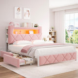 Full Upholstered LED Bed Frame with 2 Storage Drawers and 2-Tier Storage Headboard, Velvet Princess Platform Bed with Charging Station & Bookcase, Heavy Duty Metal Support, No Box Spring Needed, Pink Jocoevol