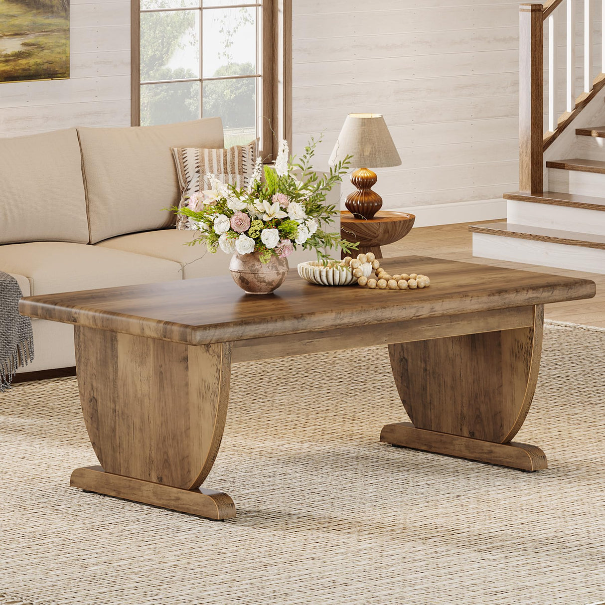 Tribesigns Rectangle Coffee Table, 48-Inch Large Wooden Low Coffee Tables for Living Room, Rustic Farmhouse Center Tea Table with Sturdy Pedestal Base, Easy Assembly, Medium Brown Tribesigns