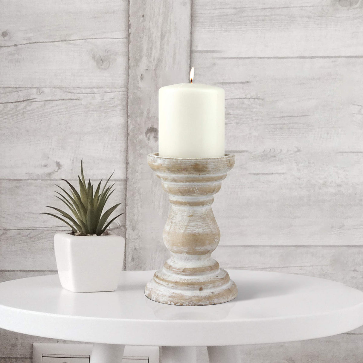 Stonebriar Antique White Wooden Pillar Candle Holder, Vintage Seaside Pillar Stand for Dining Table Centerpiece, Coffee Table, Mantel, Or Any Table Top, Medium Stonebriar