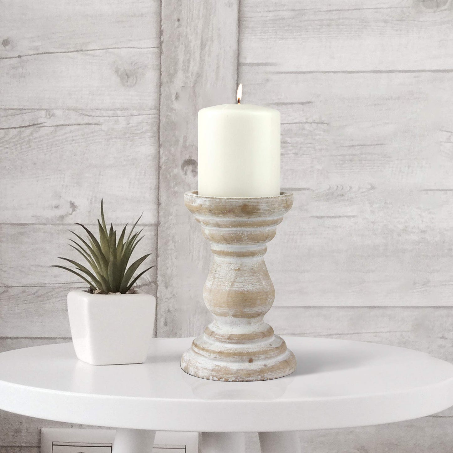 Stonebriar Antique White Wooden Pillar Candle Holder, Vintage Seaside Pillar Stand for Dining Table Centerpiece, Coffee Table, Mantel, Or Any Table Top, Medium - WoodArtSupply