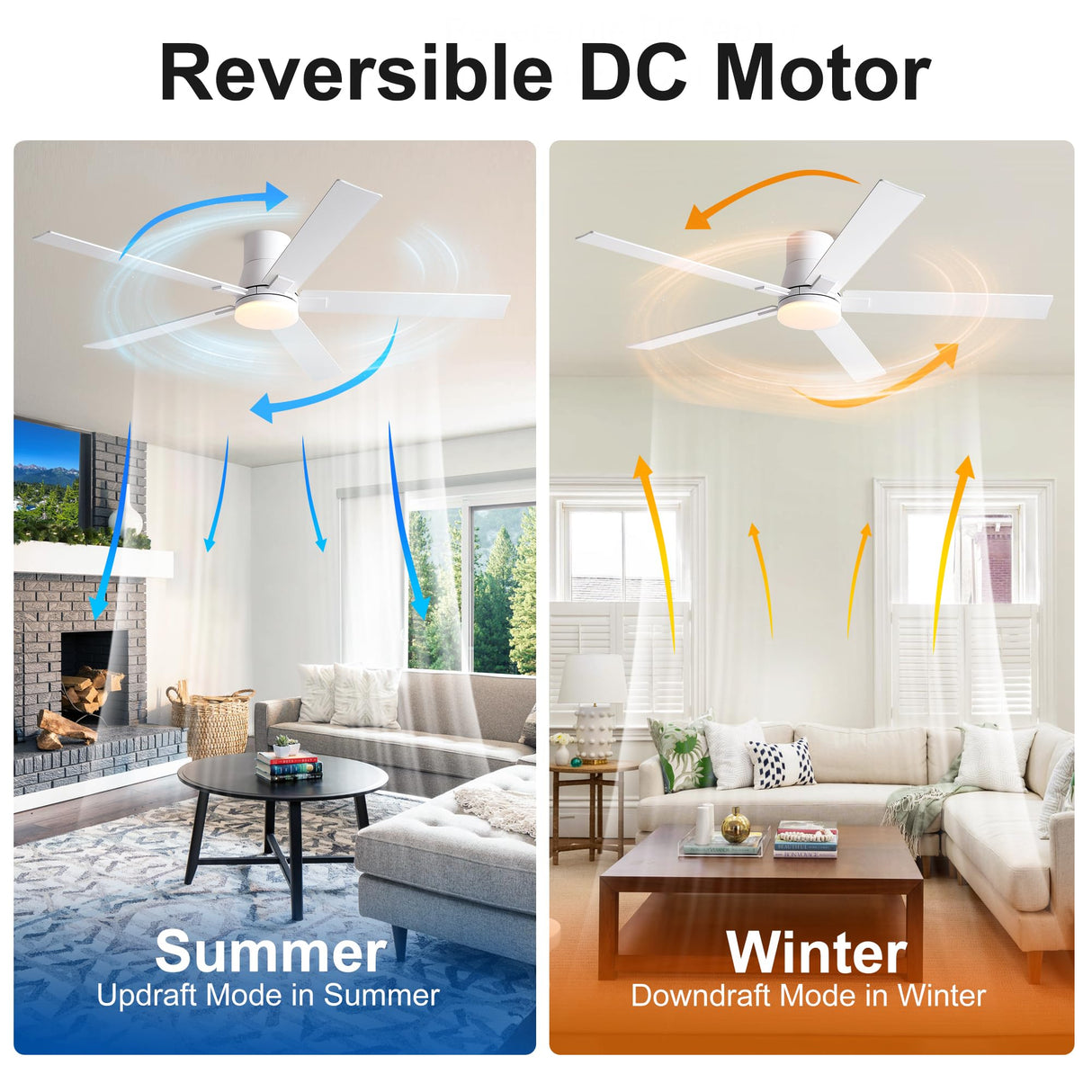 Rayqueen 60 Inch Ceiling Fans with Lights and Remote,Flush Mount White Ceiling Fan with 5 Dual Sided Blades,6 Speed Reversible DC Motor,3CCT Dimmable LED-Low Profile Design for Indoor or Covered Patio Rayqueen