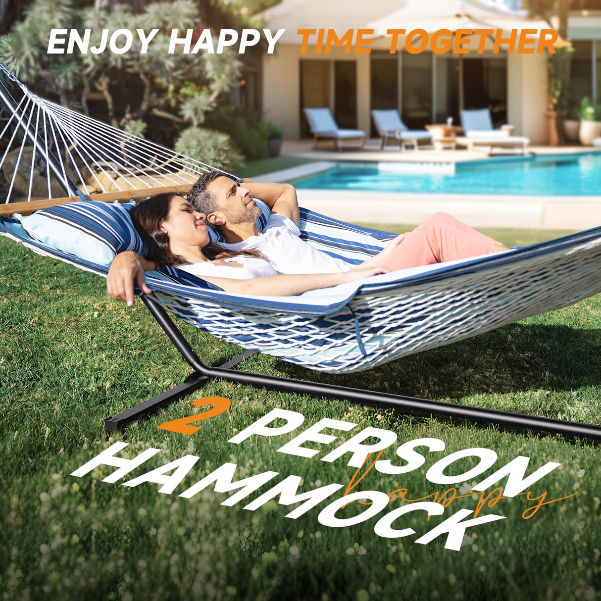 Everyfun Double Hammock with Stand, 2 Person Cotton Rope Hammock with Removable Polyester Pad, 500LBS Capacity, Portable & Adjustable Design, Includes Storage Bag, Indoor Outdoor Use,Blue Everyfun
