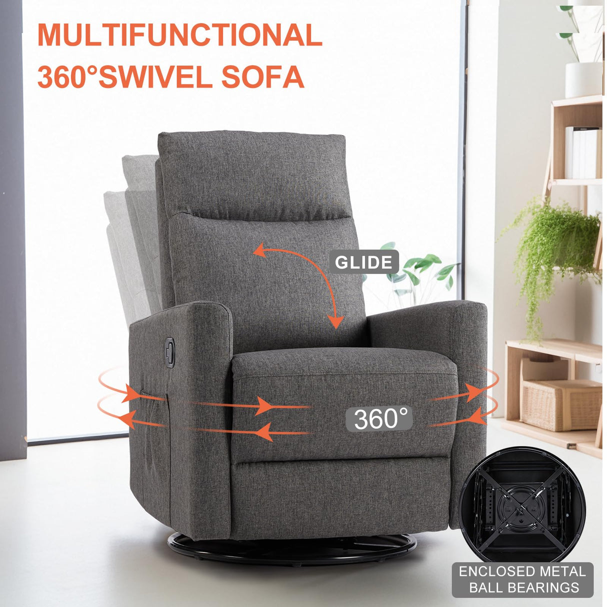Sweetcrispy Recliner Chair, 360 Swivel Rocker Chair for Adults, Glider Rocker Recliners, Nursery Chairs for Living Room, High Back, Upholstered Deep Seat, Grey Sweetcrispy