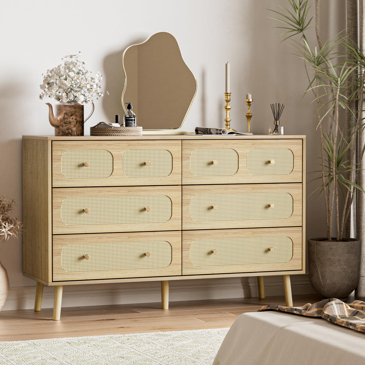 SINROM 6 Drawer Double Dresser for Bedroom, Rattan Dresser with Gold Handles, Boho Chest of Drawers with Deep Drawers for Living Room - WoodArtSupply