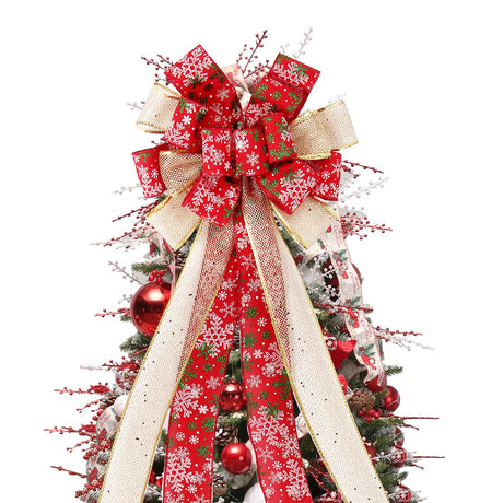 Christmas Tree Topper Bow, 44X12 Inch Artificial Xmas Tree Flower Topper Decor, for Family, Wedding, Birthday Party, Indoor Outdoor Thanksgiving Christmas Decoration - Red/Gold/Snowflake. RoseCraft