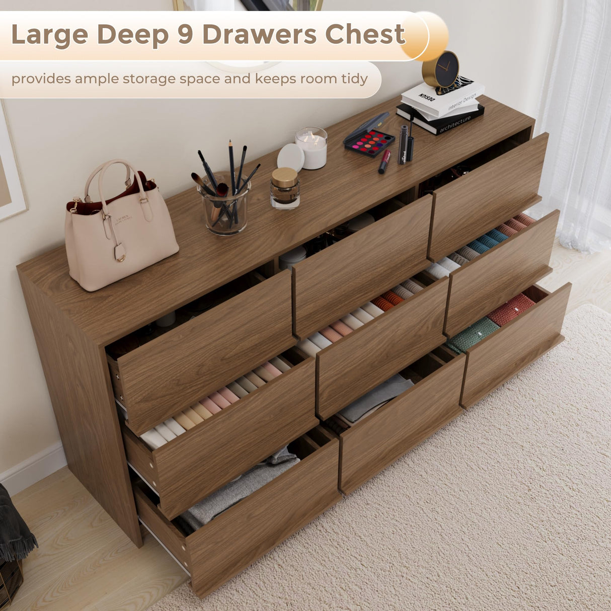 Jiaoun 9 Drawer Dressers for Bedroom, Modern Large Wood Dresser Chest of Drawers, Wide Dresser Organizer for Living Room, Hallway, Walnut Jiaoun