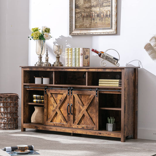 Farmhouse Coffee Bar Cabinet Rustic Sliding Barn Door Storage Cabinet with Power Outlet, Buffet Server Sideboard Cupboard Table for Dining Room Entryway Kitchen (Rustic Brown)