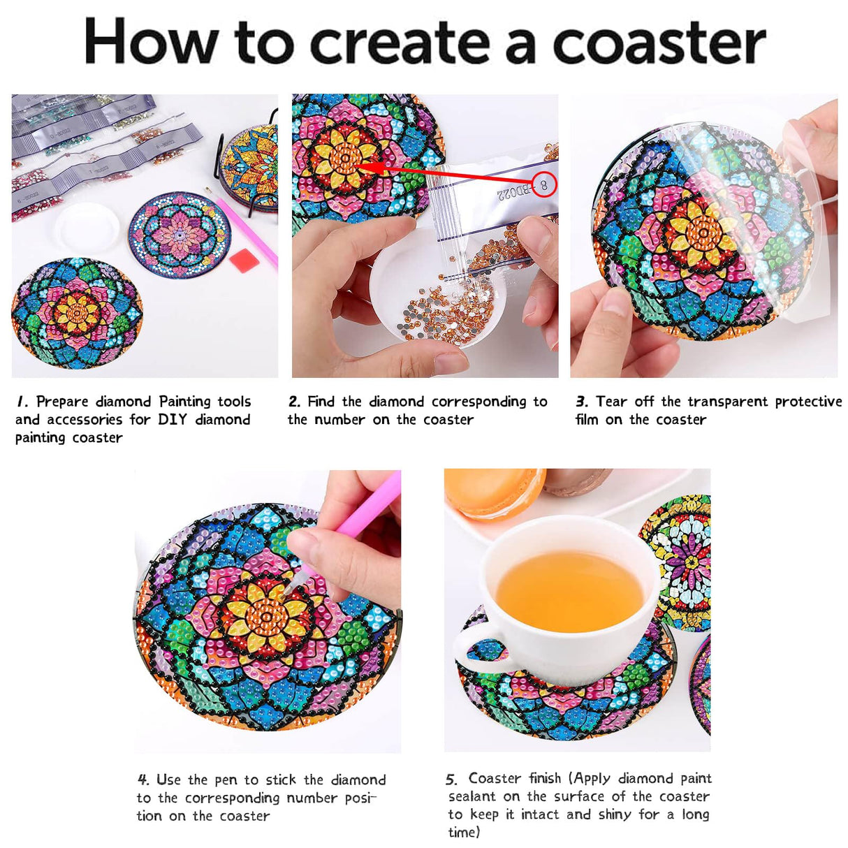CAMOYAI 8 pcs Mandala Diamond Art Coasters Kits with Holder, Stained Glass Flowers Diamond Painting Coasters for Adults Beginners,Diamond Art Painting Kits for Gift CAMOYAI
