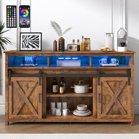 jiteentarou Farmhouse Coffee Bar Cabinet with Power Outlet, Rustic Sideboard Buffet Storage Cabinet with Storage, Wood Buffet Cabinet Serving Table Cupboard for Dining Room, Living Room, Rustic Brown jiteentarou