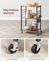 VASAGLE Kitchen Shelf on Wheels, Serving Cart with 3 Shelves, Kitchen Cart, Microwave Shelf, for Mini Oven, Toaster, with 6 Hooks, Industrial Style, Greige and Black UKKS060B02 VASAGLE
