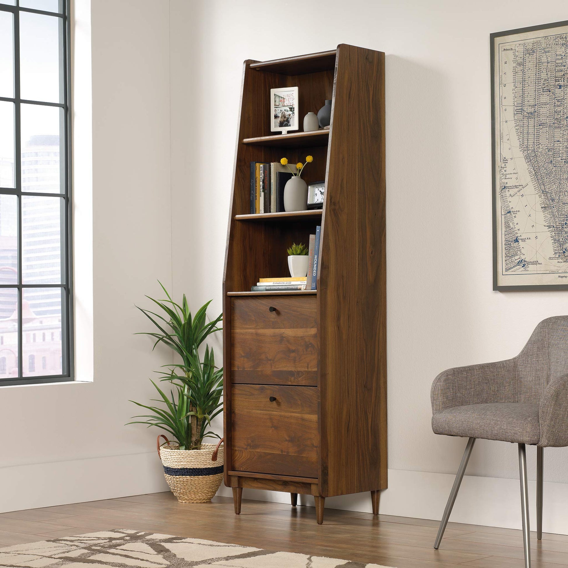 Sauder Harvey Park Narrow Bookcase in Grand Walnut Finish with File Drawers - WoodArtSupply