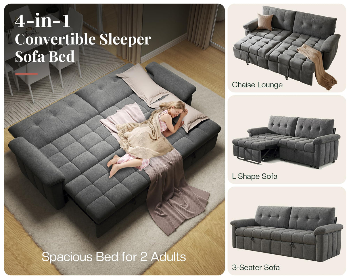 Jocisland 93” Convertible Sofa Bed with Pull-Out Sleeper, 4-in-1 Couch with 5-Position Backrest, Tufted Chenille, Easy 10-Min Assembly, Modern Couch for Living Room & Guests – Gray Jocisland