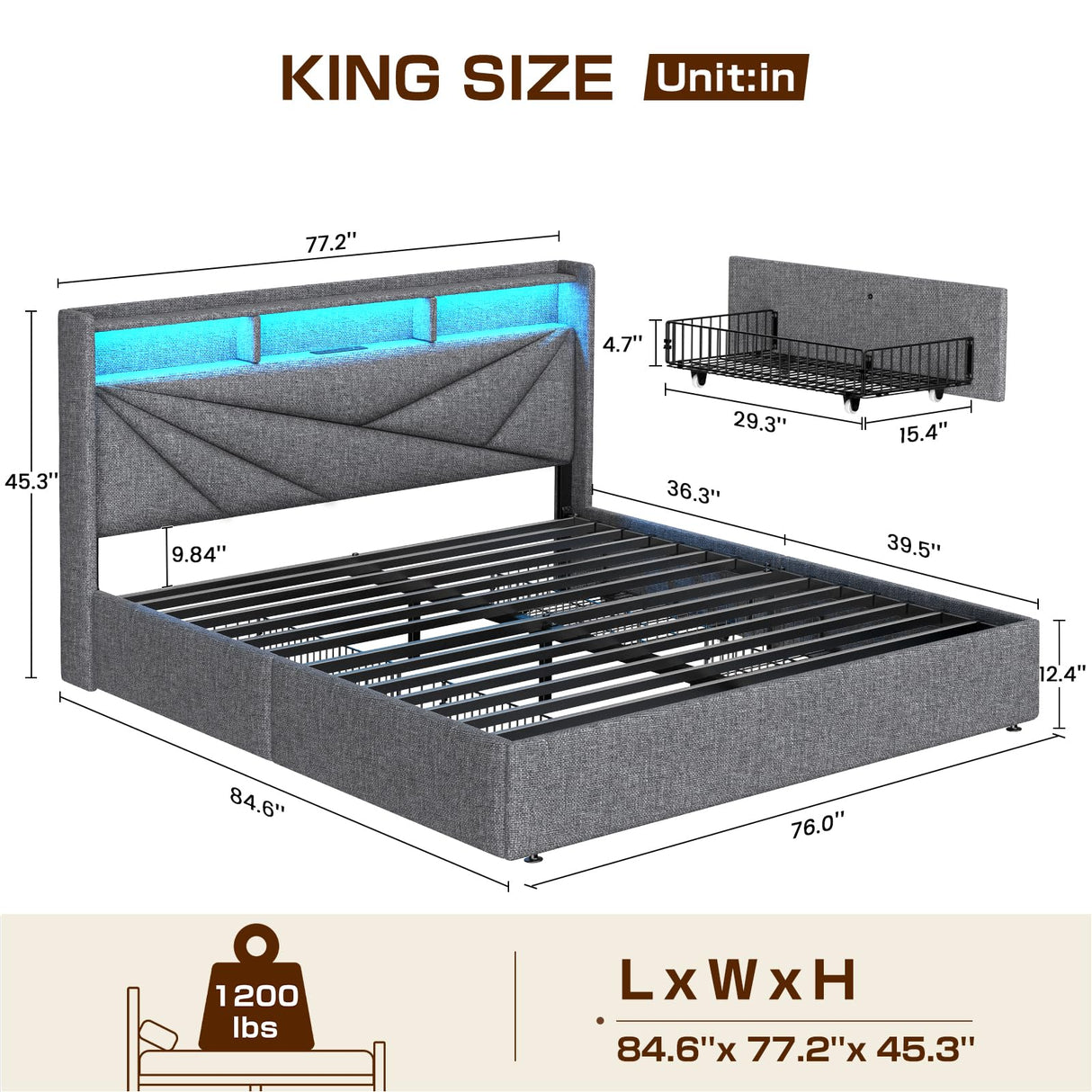 Driftalia King Size Upholstered Bed Frame with LED Lights and 4 Storage Drawers - Light Grey Driftalia