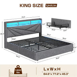 Driftalia King Size Upholstered Bed Frame with LED Lights and 4 Storage Drawers - Light Grey Driftalia