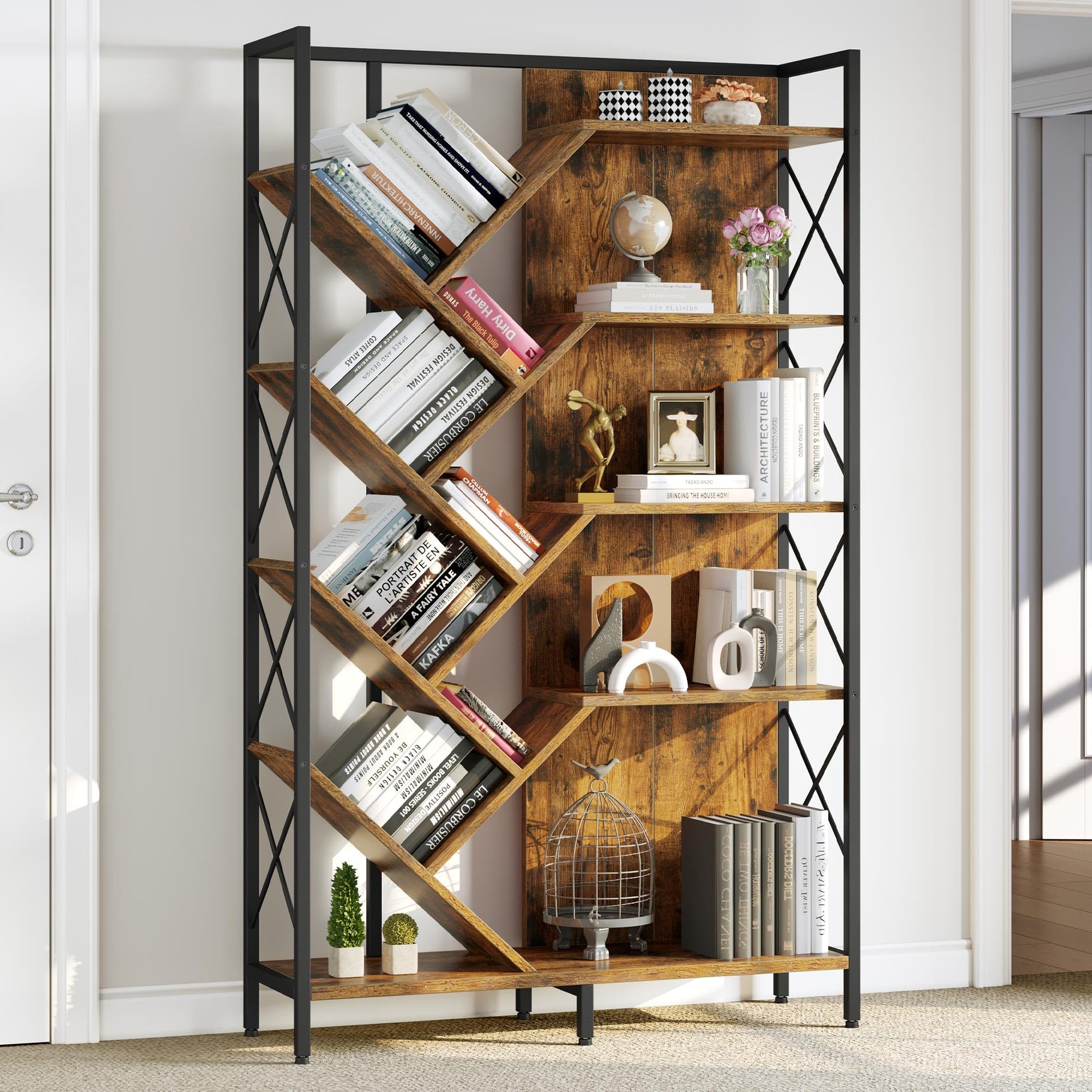 YITAHOME Rustic Brown 5-Tier Industrial Tree Bookshelf – Tall Standing Organizer for Bedroom, Living Room, and Office - WoodArtSupply