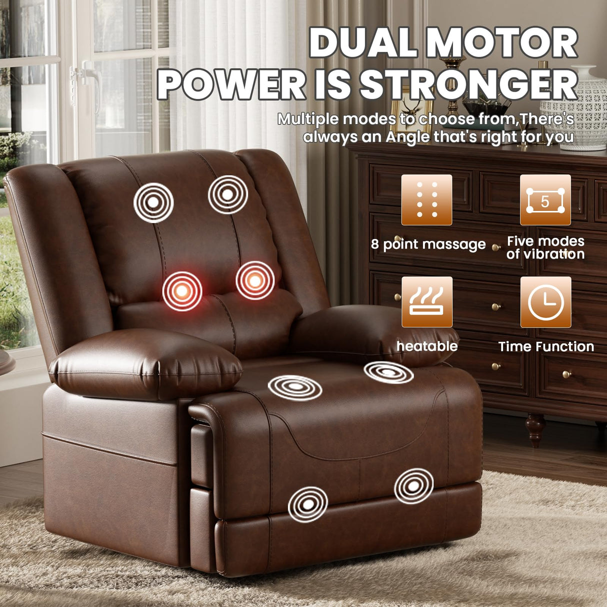 Couchus Infinite Position Dual Motor Power Lift Chair Lay Flat Sleeper Recliner Chair with Massage and Heating for Elderly, USB Ports and Remote Control,Breathable Leather (Red Brown) Couchus