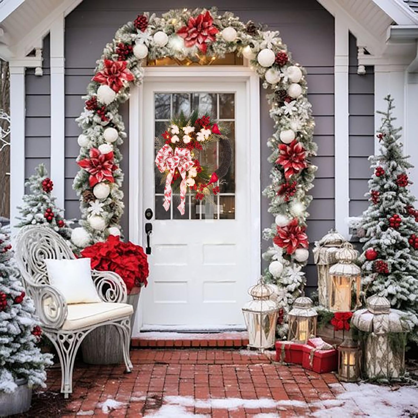 Christmas Wreath with 40 LED Lights with Timer,prelit Christmas Cardinal Bird Grapevine Wreath with Cotton and Red Berries, Woodland Natural Wreath, Red Berries and Cotton, Red Green and White-22inch