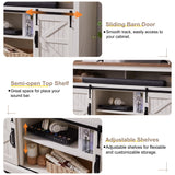 OKD Farmhouse TV Stand for 65+ Inch TV, 33" Tall Highboy Entertainment Center w/Sliding Barn Door, Rustic Media Console w/Storage Shelves, Wood Television Stand for Living Room, Antique White OKD