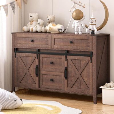 Farmhouse Dresser for Bedroom, Sliding Barn Door Dresser with 4 Drawers, Kids Dresser & Chest of Drawers for Clothes Storage, Wood Dresser TV Stand, 47" Redwood Rustic