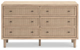 Signature Design by Ashley Cielden Coastal 6-Drawer Dresser, Bronze-Tone Knobs, Safety Stop, Textured Cane Details, 62.01" W x 19.65" D x 35.67" H, Light Brown Signature Design by Ashley