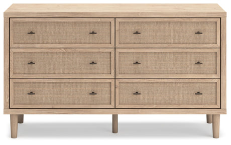Signature Design by Ashley Cielden Coastal 6-Drawer Dresser, Bronze-Tone Knobs, Safety Stop, Textured Cane Details, 62.01" W x 19.65" D x 35.67" H, Light Brown Signature Design by Ashley